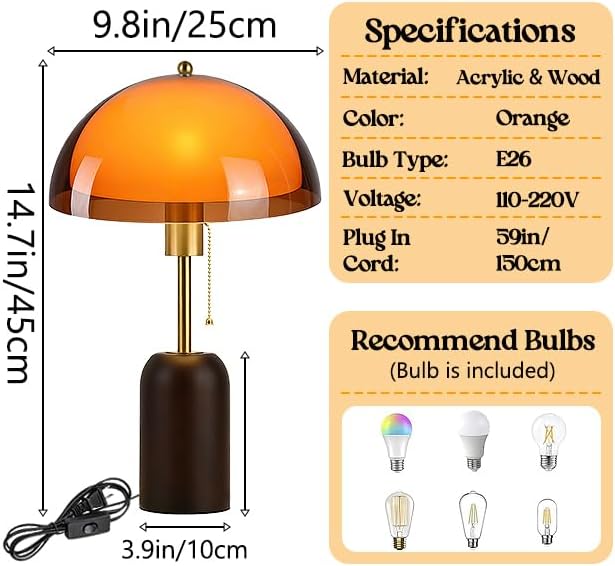 Orange Mushroom Table Lamp with Walnut Wood Base and Acrylic Shade