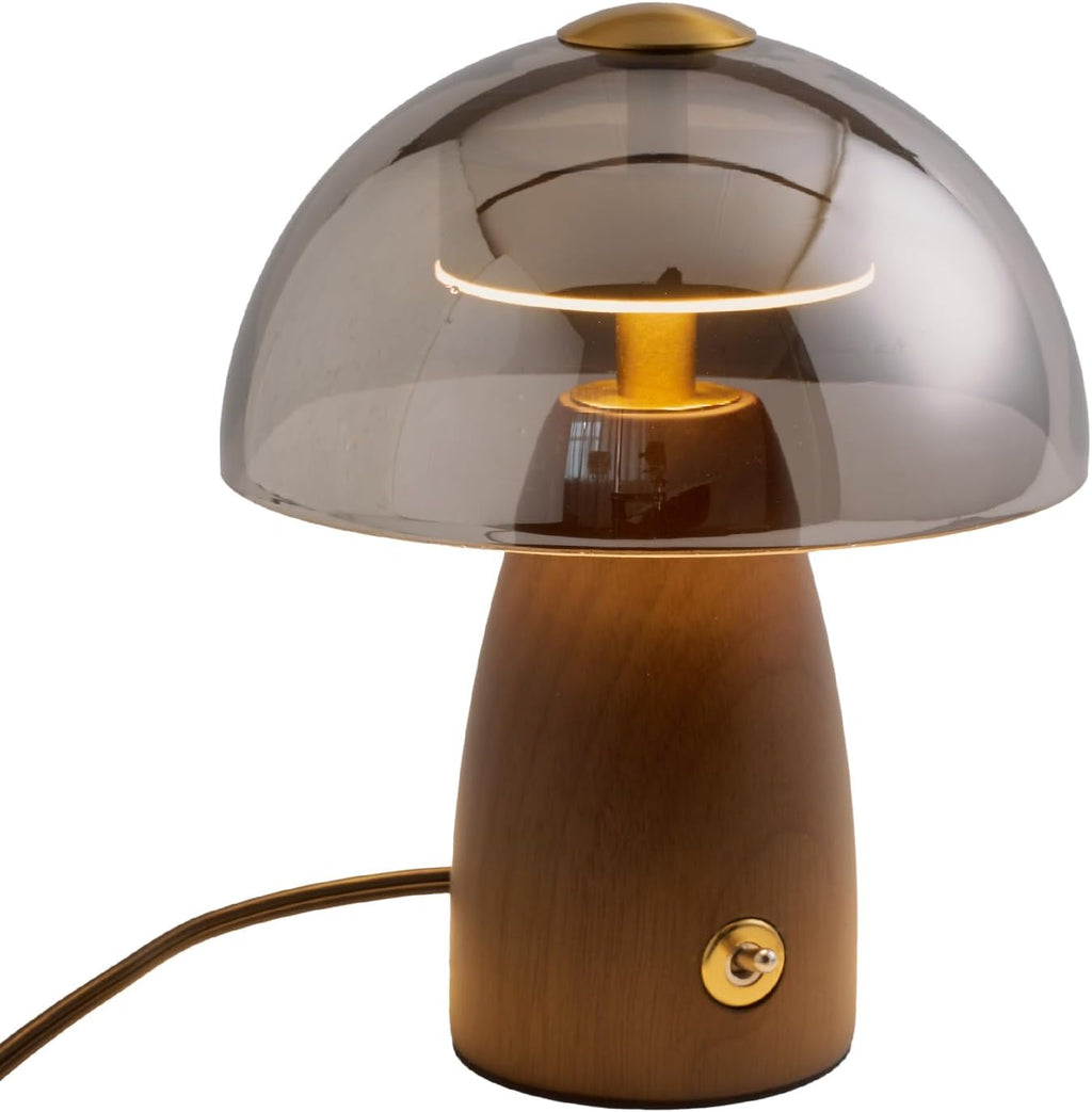Mid Century Glass Table Lamp with Walnut Wood Base and Smoky Gray Shade