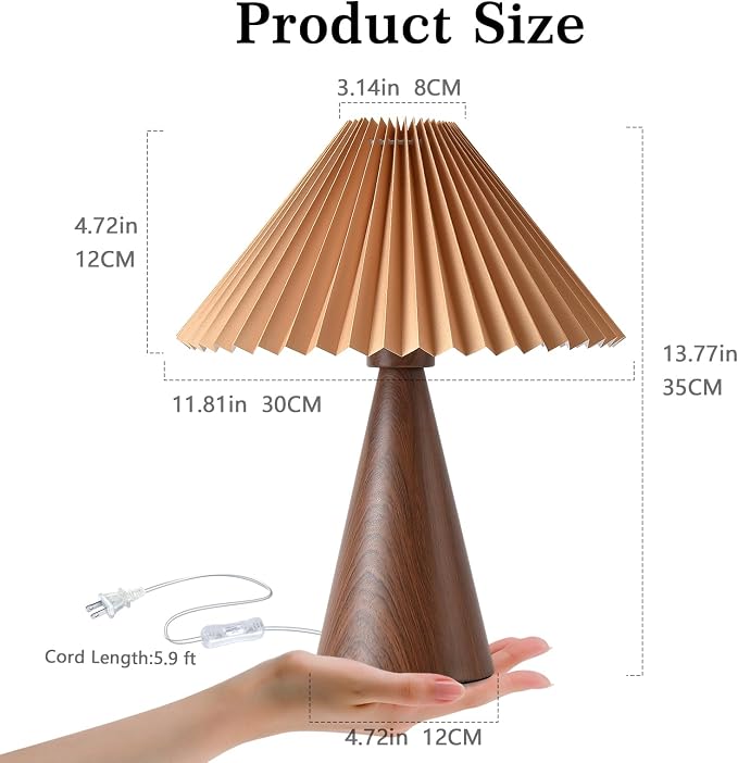 Small Wooden Grain Table Lamp with Pleated Linen Shade – Mini Bedside Lamp