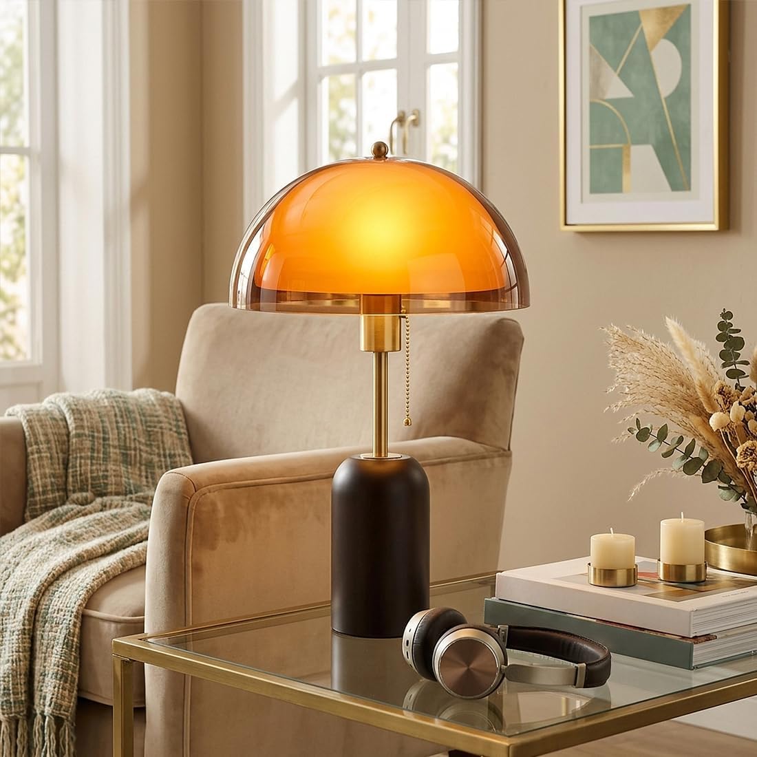 Orange Mushroom Table Lamp with Walnut Wood Base and Acrylic Shade