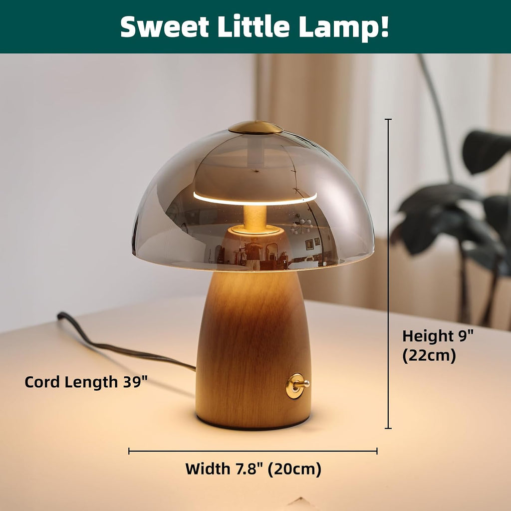 Mid Century Glass Table Lamp with Walnut Wood Base and Smoky Gray Shade