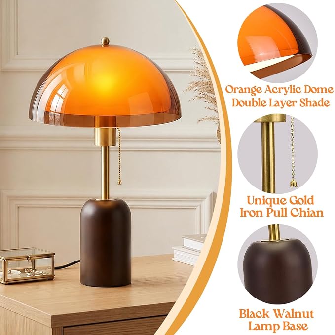 Orange Mushroom Table Lamp with Walnut Wood Base and Acrylic Shade