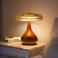 Small Mushroom Table Lamp with Wooden Base and Amber Glass Shade