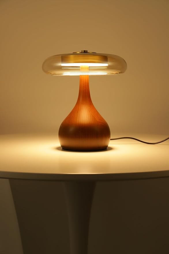 Small Mushroom Table Lamp with Wooden Base and Amber Glass Shade