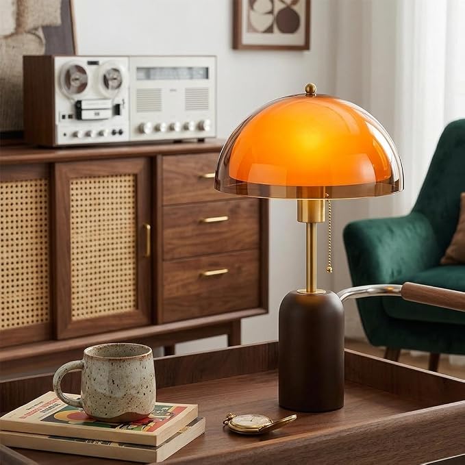 Orange Mushroom Table Lamp with Walnut Wood Base and Acrylic Shade