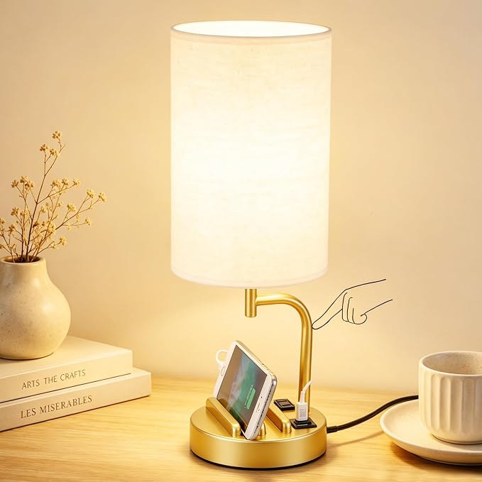 Modern Touch Control Table Lamp with USB Charging and AC Outlet