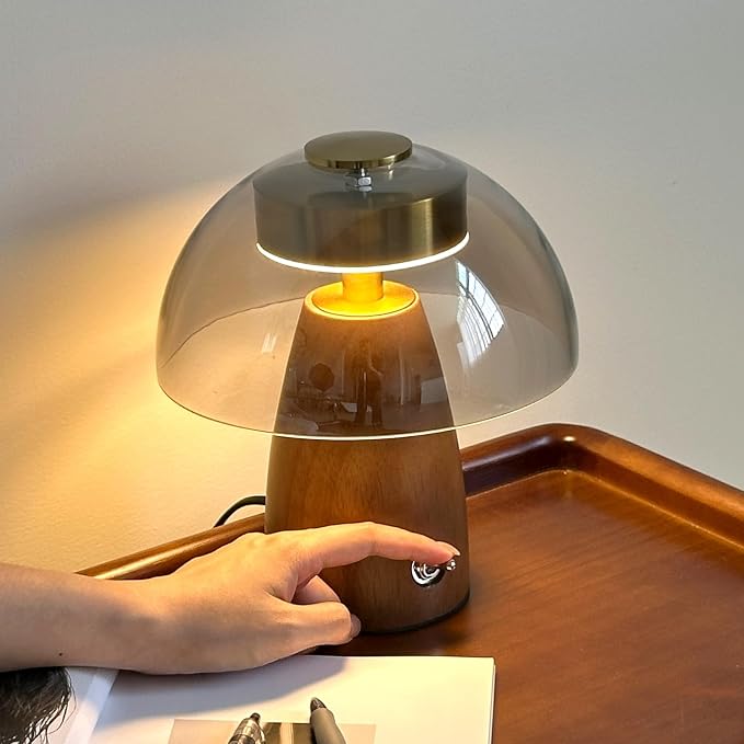 Mid Century Glass Table Lamp with Walnut Wood Base and Smoky Gray Shade