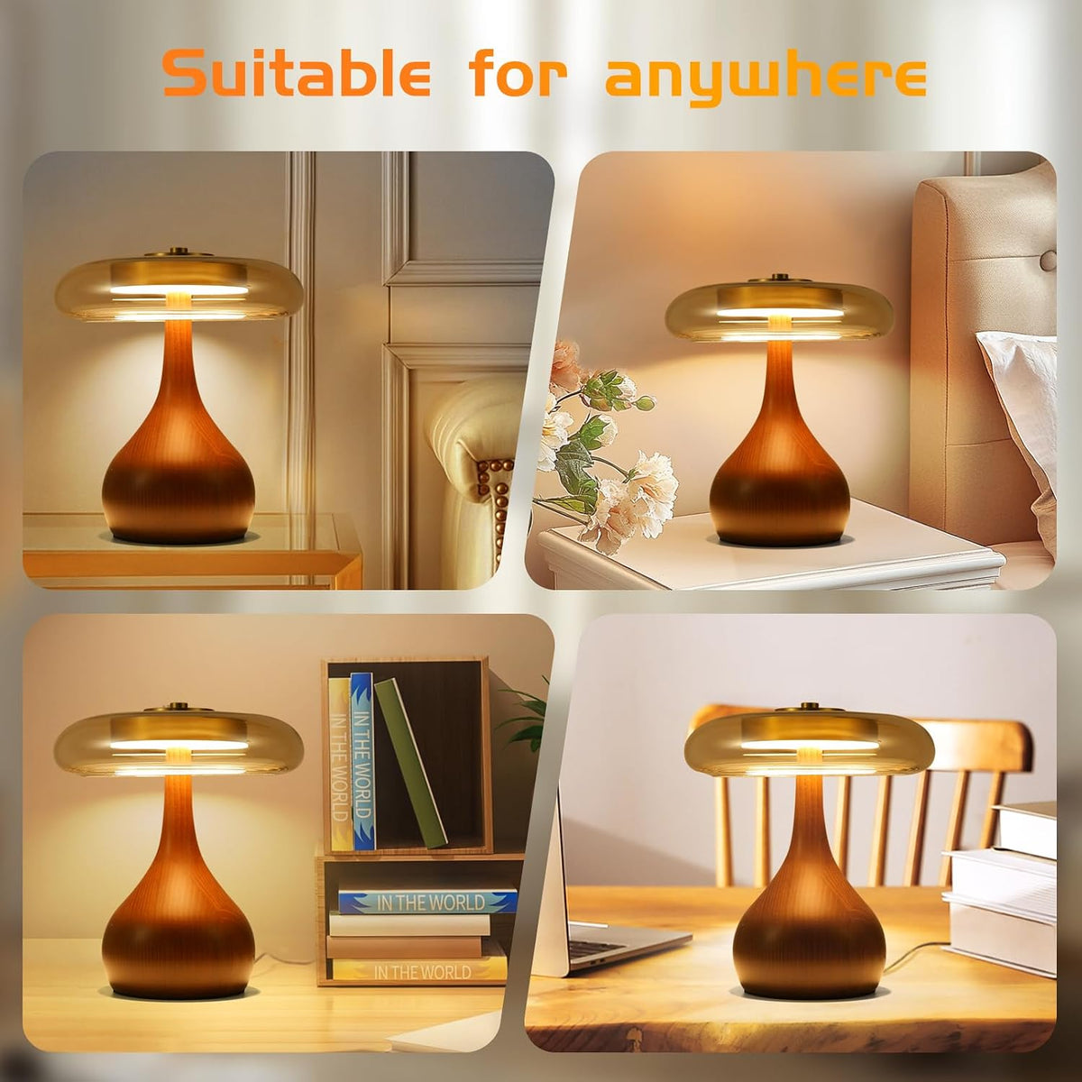 Small Mushroom Table Lamp with Wooden Base and Amber Glass Shade