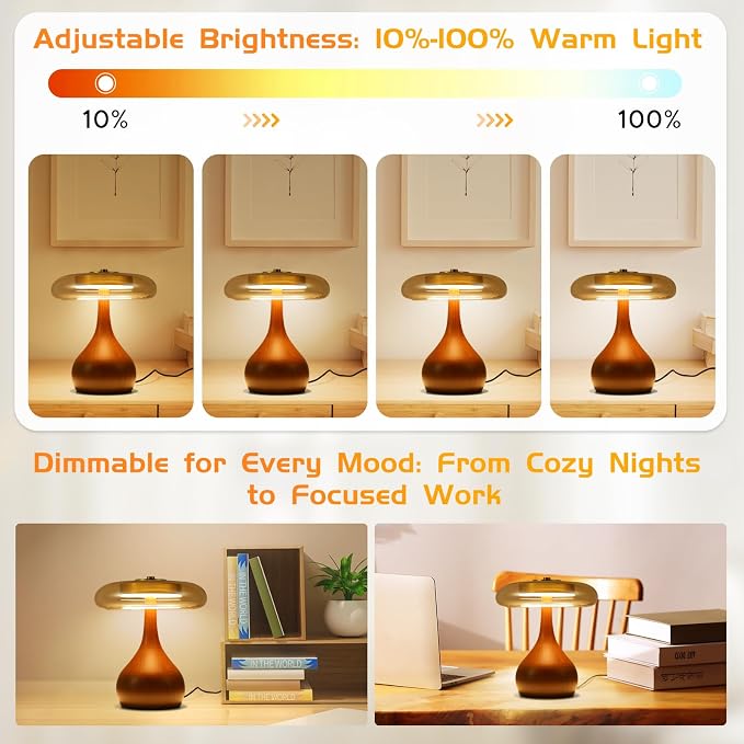 Small Mushroom Table Lamp with Wooden Base and Amber Glass Shade