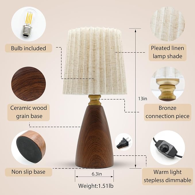 Small Pleated Table Lamp with Ceramic Wood– Dimmable Art Deco Bedside Lamp