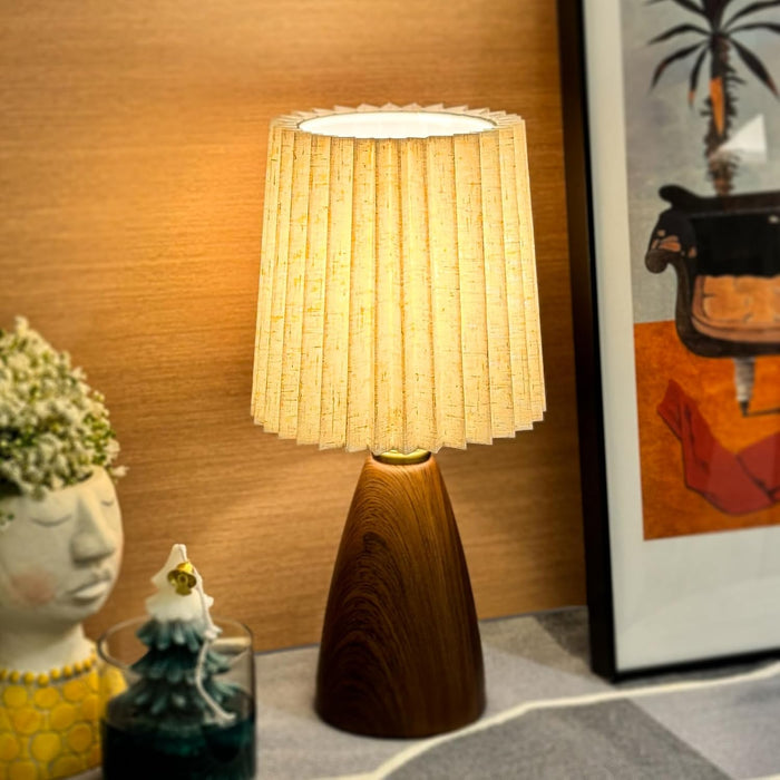 Small Pleated Table Lamp with Ceramic Wood– Dimmable Art Deco Bedside Lamp