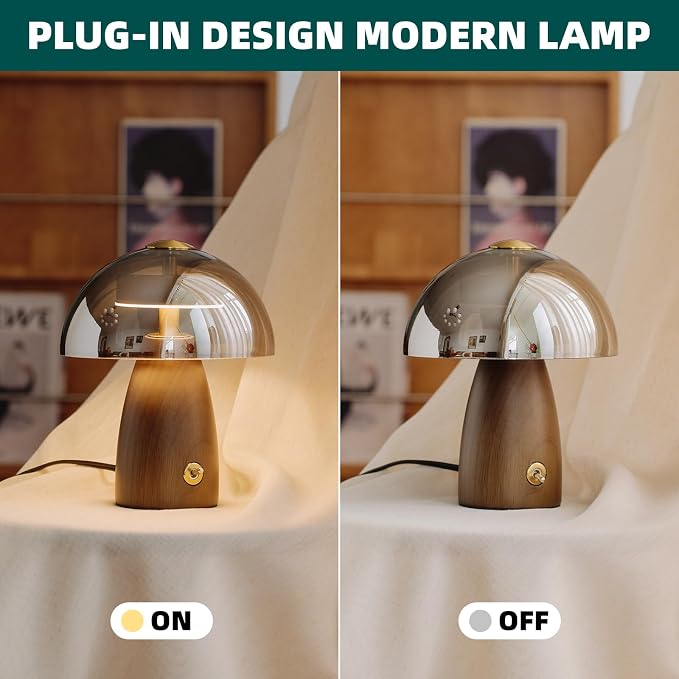 Mid Century Glass Table Lamp with Walnut Wood Base and Smoky Gray Shade