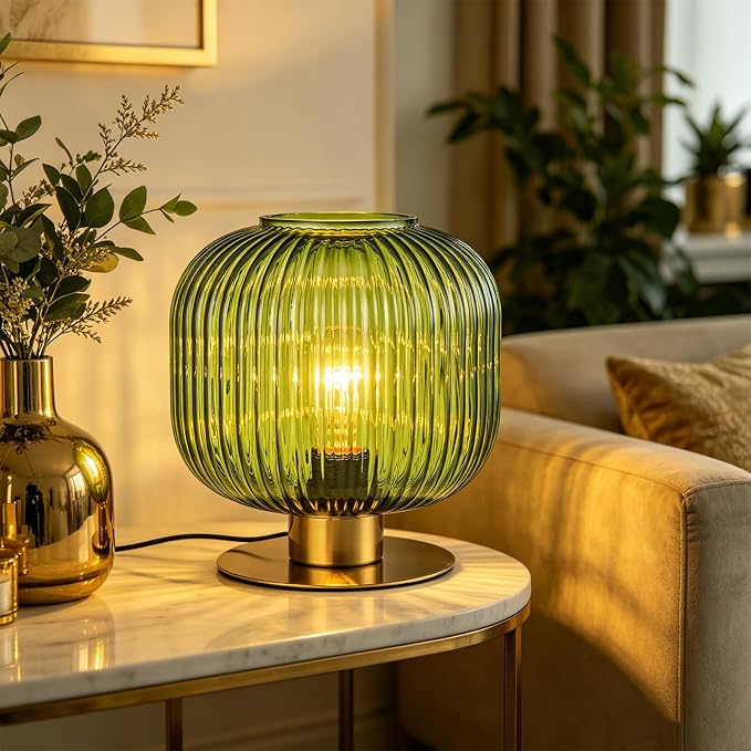 Mid-Century Modern Ribbed Green Glass Table Lamp with Gold Metal Base