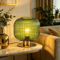 Mid-Century Modern Ribbed Green Glass Table Lamp with Gold Metal Base