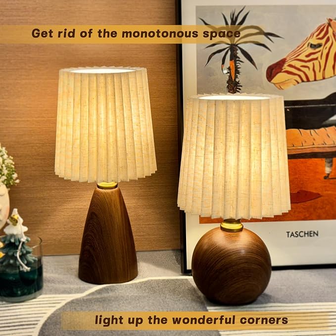 Small Pleated Table Lamp with Ceramic Wood– Dimmable Art Deco Bedside Lamp