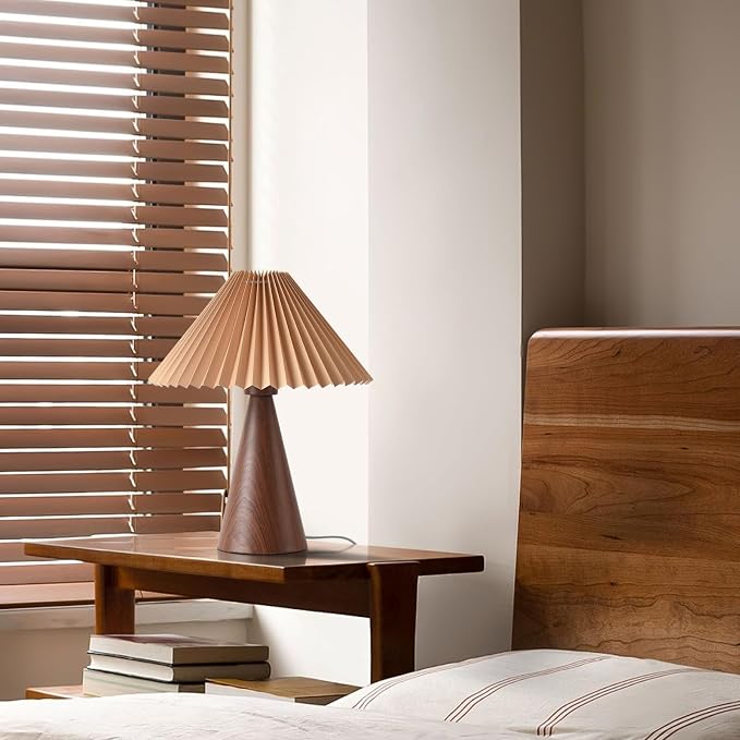 Small Wooden Grain Table Lamp with Pleated Linen Shade – Mini Bedside Lamp