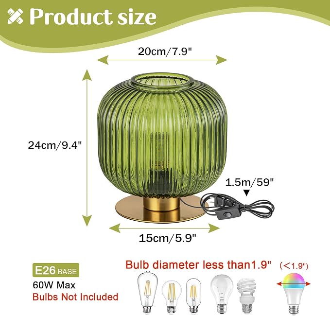 Mid-Century Modern Ribbed Green Glass Table Lamp with Gold Metal Base