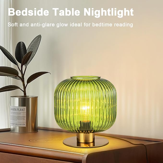Mid-Century Modern Ribbed Green Glass Table Lamp with Gold Metal Base