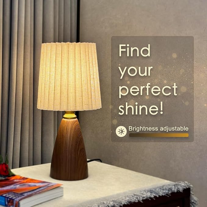 Small Pleated Table Lamp with Ceramic Wood– Dimmable Art Deco Bedside Lamp
