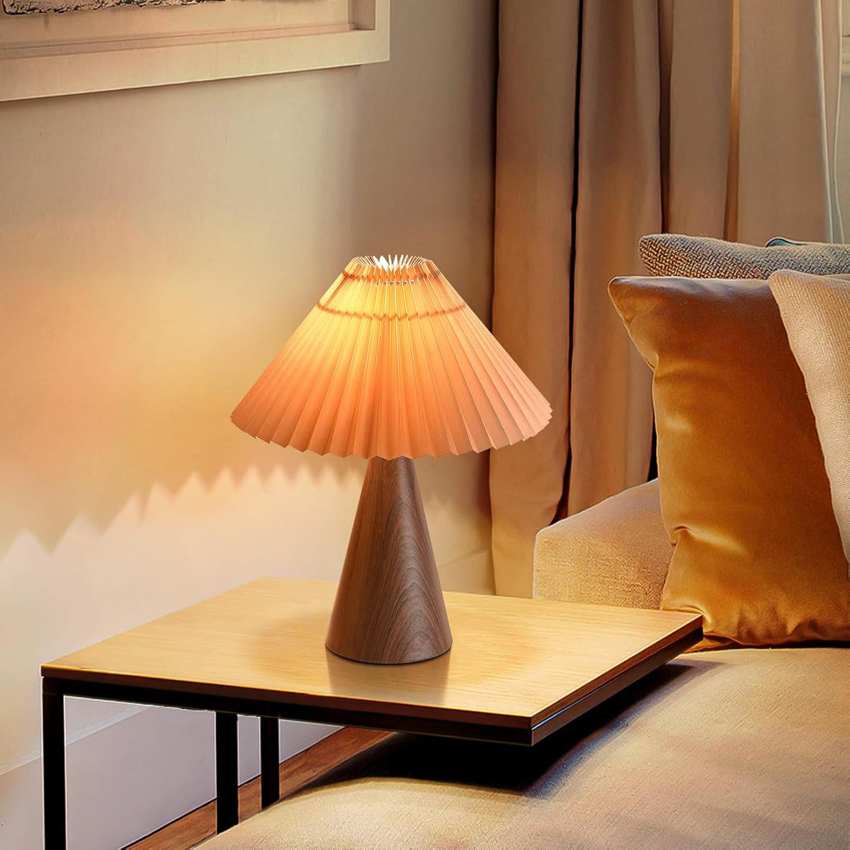 Small Wooden Grain Table Lamp with Pleated Linen Shade – Mini Bedside Lamp
