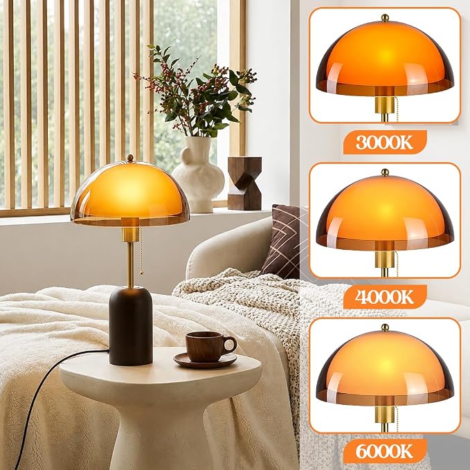 Orange Mushroom Table Lamp with Walnut Wood Base and Acrylic Shade