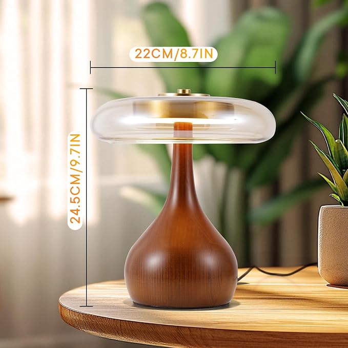 Small Mushroom Table Lamp with Wooden Base and Amber Glass Shade