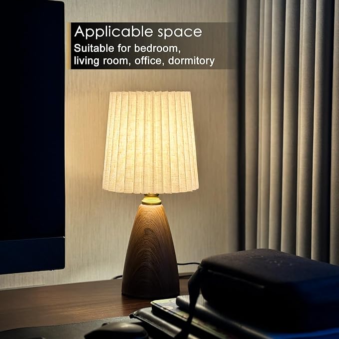 Small Pleated Table Lamp with Ceramic Wood– Dimmable Art Deco Bedside Lamp