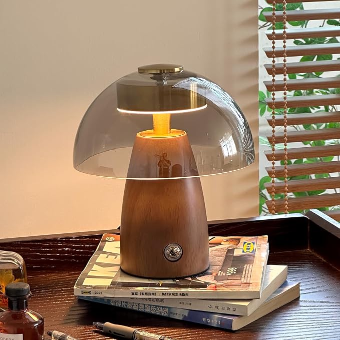Mid Century Glass Table Lamp with Walnut Wood Base and Smoky Gray Shade
