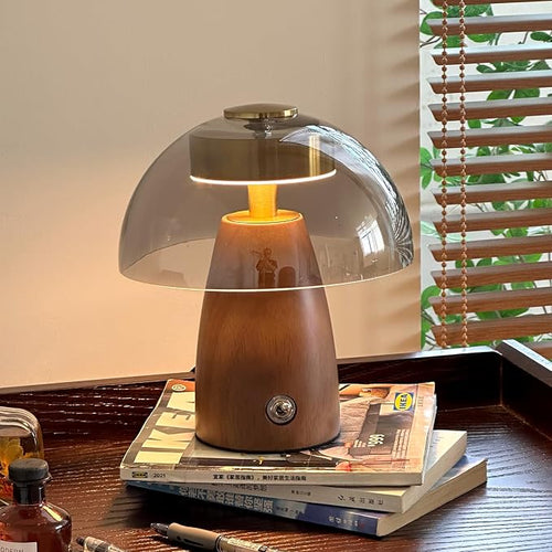 Mid Century Glass Table Lamp with Walnut Wood Base and Smoky Gray Shade