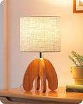 Small Art Deco Table Lamp with Linen Shade – Wooden Bedside Lamp