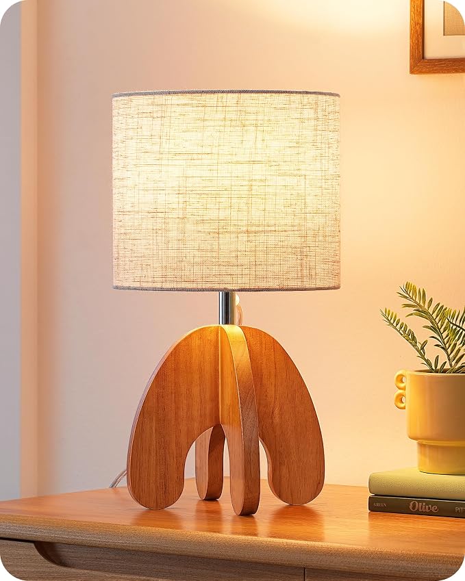 Small Art Deco Table Lamp with Linen Shade – Wooden Bedside Lamp