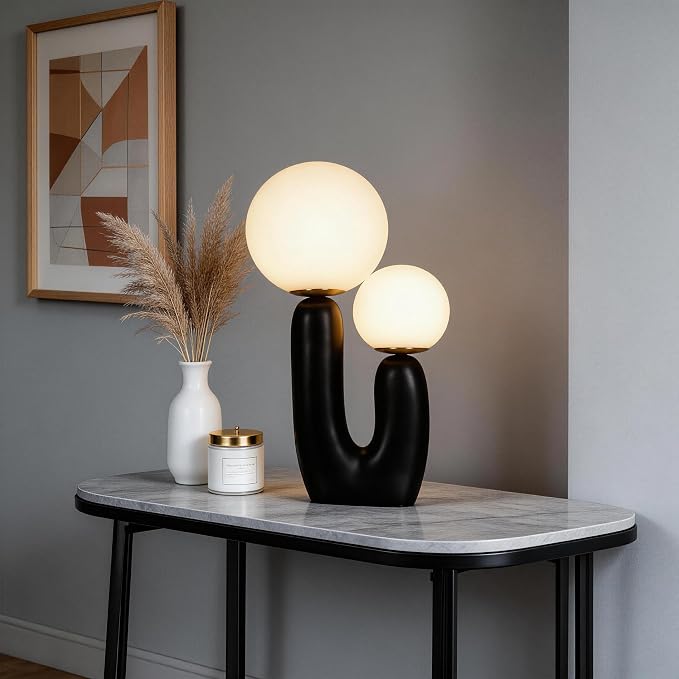 Modern Resin Table Lamp with Frosted Glass Globes and Dimmable LED Bulbs