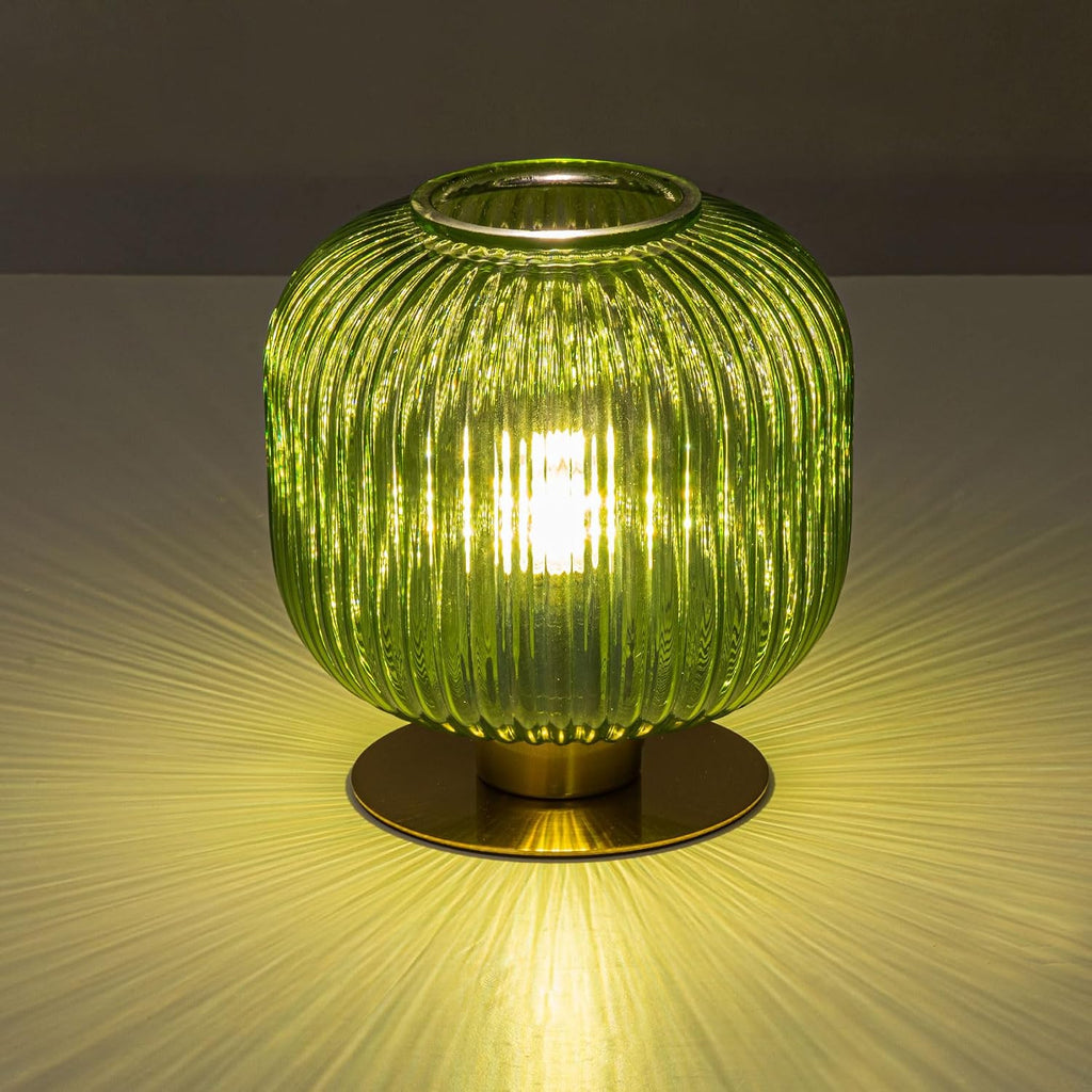 Mid-Century Modern Ribbed Green Glass Table Lamp with Gold Metal Base