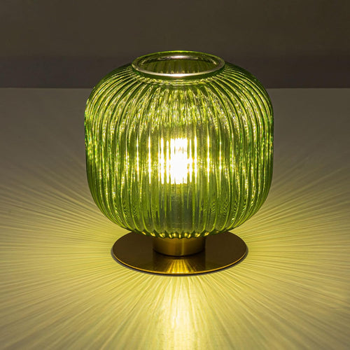 Mid-Century Modern Ribbed Green Glass Table Lamp with Gold Metal Base