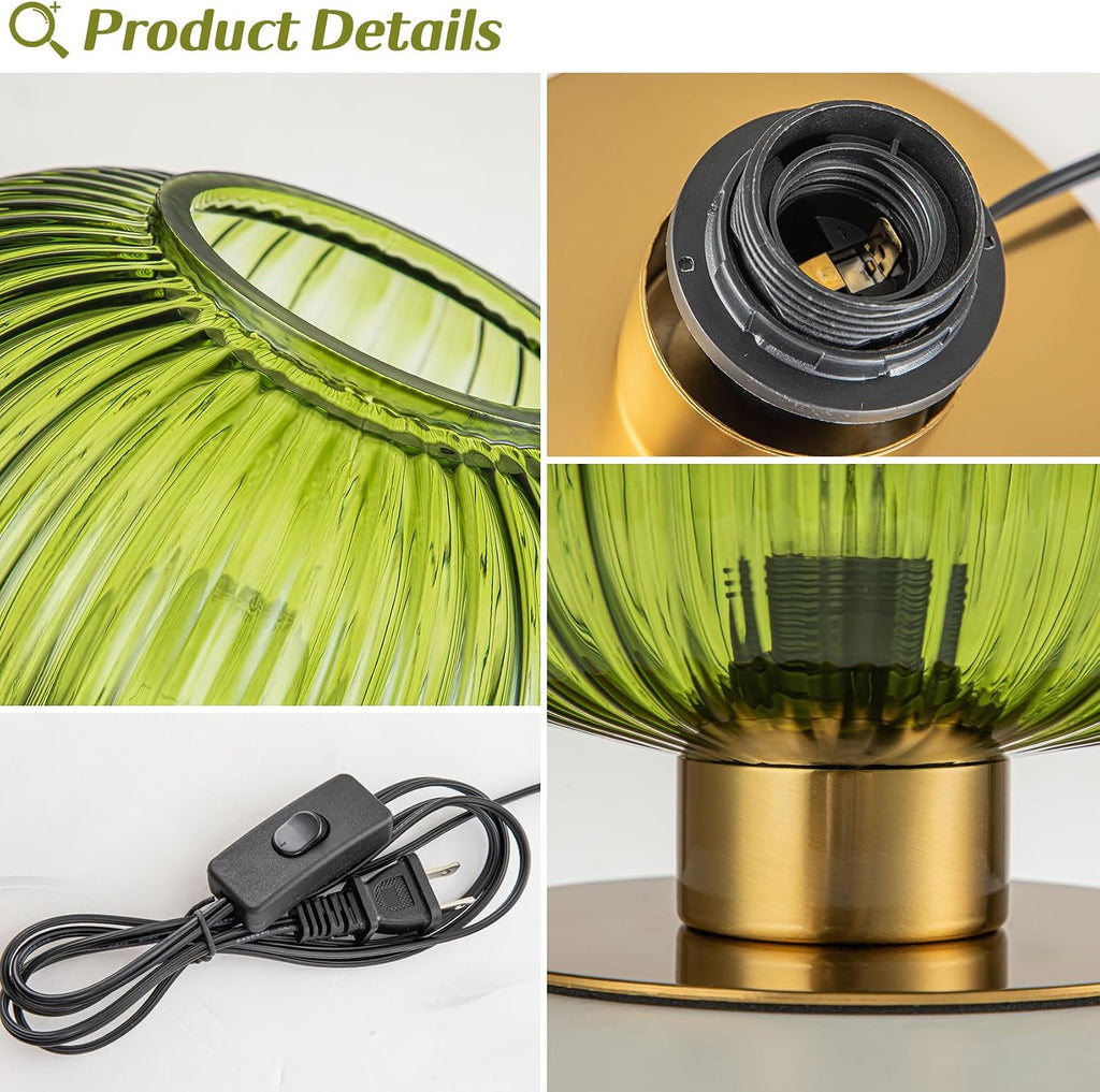 Mid-Century Modern Ribbed Green Glass Table Lamp with Gold Metal Base