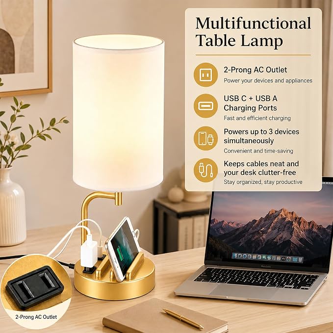 Modern Touch Control Table Lamp with USB Charging and AC Outlet