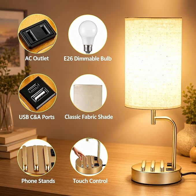Modern Touch Control Table Lamp with USB Charging and AC Outlet