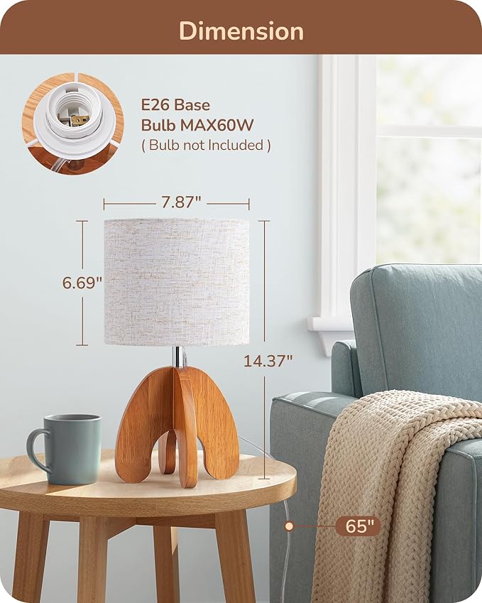 Small Art Deco Table Lamp with Linen Shade – Wooden Bedside Lamp