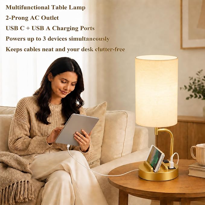 Modern Touch Control Table Lamp with USB Charging and AC Outlet