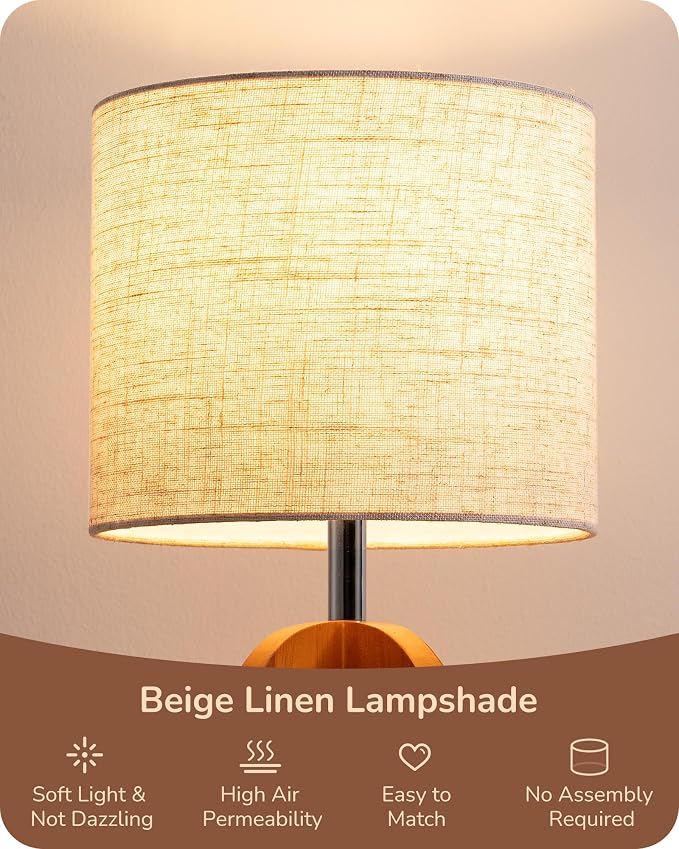 Small Art Deco Table Lamp with Linen Shade – Wooden Bedside Lamp