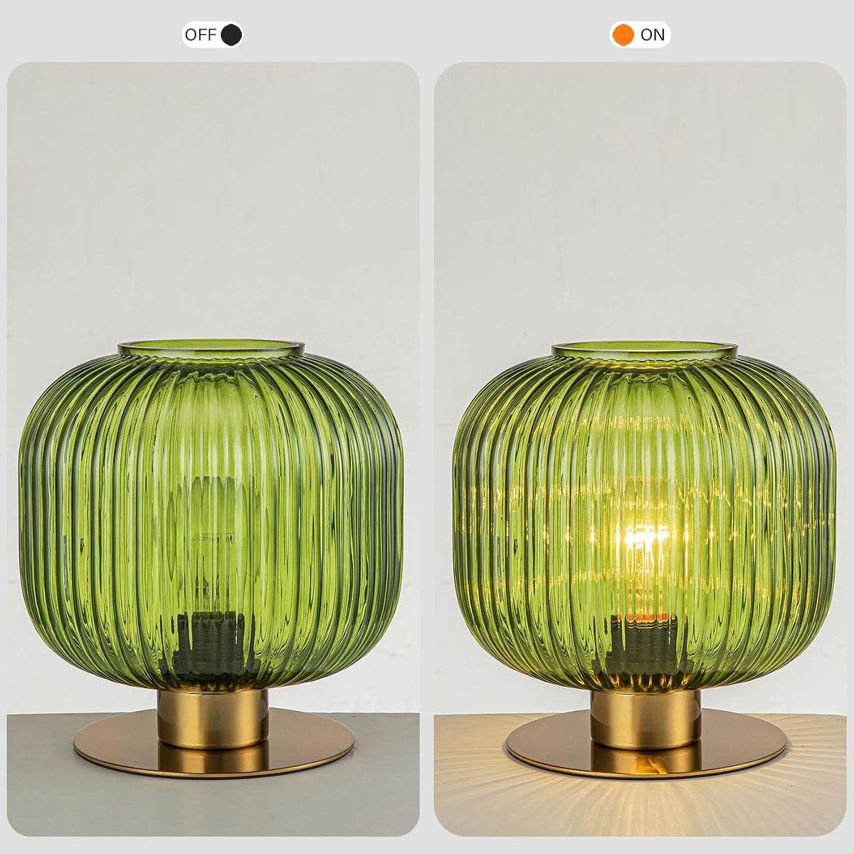 Mid-Century Modern Ribbed Green Glass Table Lamp with Gold Metal Base